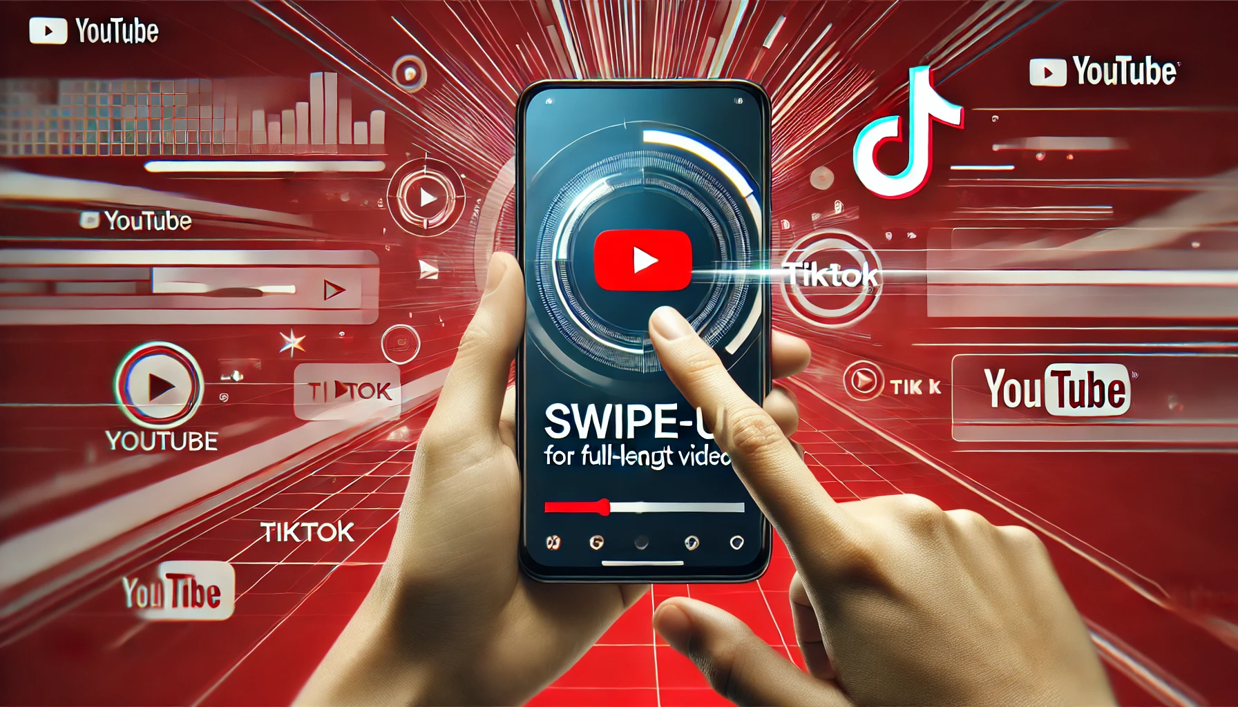 An illustration of a smartphone screen showing YouTube's new swipe-up feature for full-length videos. The image includes a visible YouTube interface